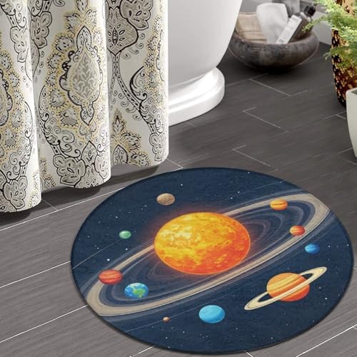 Women's Large Home Decor Mat, Soft Round Yoga Carpet, Non Slip Machine Washable Home Office Circle Rug Solar System Space