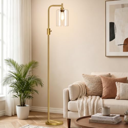 【Upgraded】 Dimmable Floor Lamp for Living Room with Clear Glass Lampshade, Brass Modern Glass Floor Lamp with 900LM LED Bulb Included, Arc Standing Tall Lamp for Bedroom, Office, Reading Room, Corner