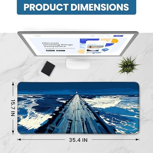 Aesthetic Desk Mat, Cute Coastal Pier Desk Pad Protector for Work & Decor, 35.4" x 15.7", Pretty Non-Slip Extended Mouse Pad for Office or Home
