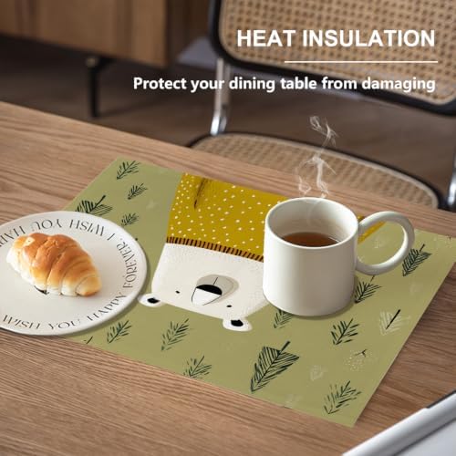 White Bear Yellow Sweater Placemats, in Tree Background Place Mats for Dining/Kitchen Table Waterproof Washable Linen Heat Insulation Dinner Table Mats 12X18 in 8 Pcs