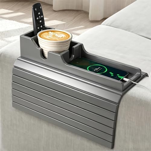 Yoshiky Grey Bamboo Couch Armrest Table, Couch Arm Tray with Removable Couch Cup Holder, 2 in 1 Design Foldable Anti-Slip Bamboo Couch Tray and Sofa Cup Holder for Drink
