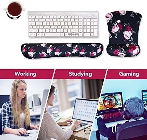 AIMSA Ergonomic Keyboard Wrist Rest and Mouse Pad with Wrist Support Set, Memory Foam Non-Slip Rubber Base, for Home, Office, Easy Typing, Pain Relief, Peony Flowers