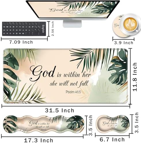 Keyboard Wrist Rest and Mouse Pad with Wrist Support Set Ergonomic Coaster,Memory Foam,Easy Typing Pain Relief,Large XL Desk Mat 31.5"x 11.8",Matcha Green Plant Abstract Bible Verse Psalm 46-5