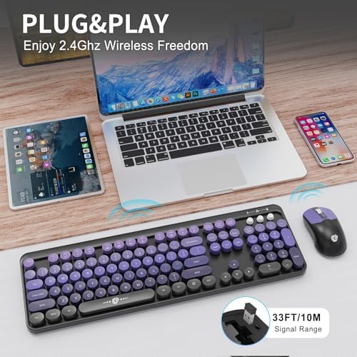 Purple Wireless Keyboard and Mouse Combo, Retro Round Keys,for PC Laptop