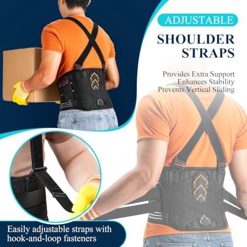 Plus Size 4XL/5XL Work Back Brace with 2 Suspender Shoulder Straps, Back Support Belt with Bionic Lumbar Panel for Heavy Lifting Safety, 360° Posture Protection for Men & Women in Moving Jobs