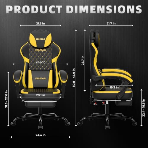 Ergonomic Gaming Chair with Footrest & Massage Lumbar Pillow, Height Adjustable 360° Swivel Computer Chair, Linked Armrest & Headrest for Office Gaming (Black Yellow)
