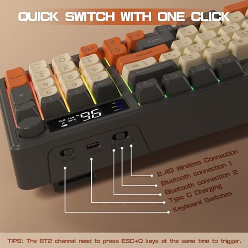 LexonElec M96 Wireless Gaming Keyboard,Knob Control Bluetooth/2.4G Wireless Mechanical Feeling Keyboard,RGB LED Backlit with Display Screen, PBT Keycap,3000mAh, 94-Key Layout for Win/Mac (Shimmer)