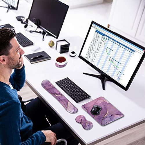 AIMSA Keyboard Wrist Rest Support + Mouse Pad + Mouse Wrist Rest + Coaster, Ergonomic Memory Foam Anti-Slip Rubber Base 4 PCS Set Easy Typing Pain Relief, Purple Marble
