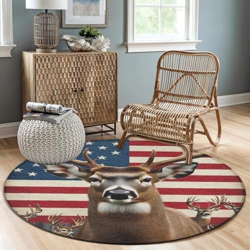 Fashion Round Area Rug Large Non Slip Carpet, American US Flag Hunting Deer Unisex Home Decor Mat