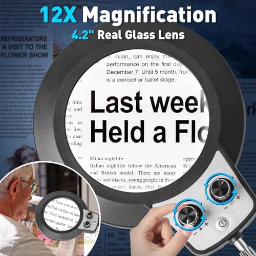 KIRKAS 12X Magnifying Glass with Light and Stand, Overhead Knob 2 in 1