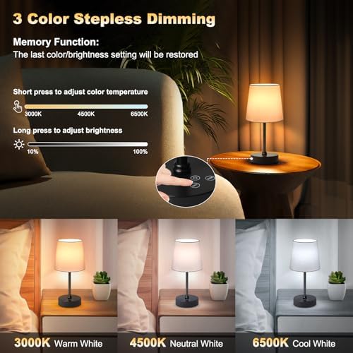 Wowag Small Cordless Table Lamp,5000mAh Rechargeable Battery Operated Desk Lamp,3 Colors & 7 RGB Stepless Dimmable, Portable Touch Wireless Lamp for Bedroom,Dining Table,Restaurant 2 Pack (White)