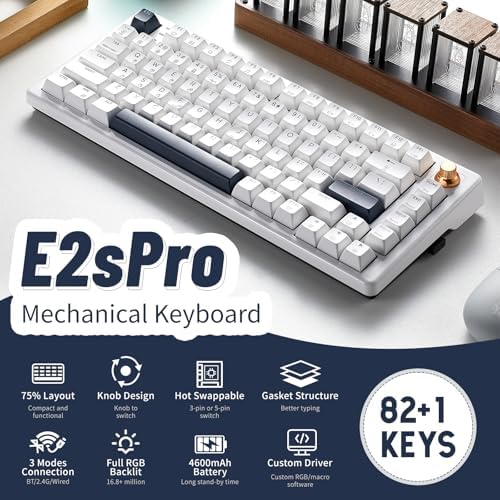 Wireless Mechanical Keyboard with Knob & Wrist Rest, Hot Swap Gasket Custom Structure, Creamy Pre-lubed Tactile Switches, RGB Backlit, Bluetooth/Type-C/2.4G Gaming Keyboard for Win/Mac (White)