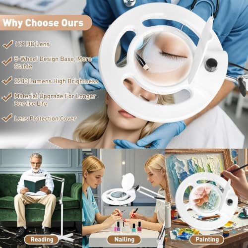 HITTI 2200 Lumens 12X Magnifier Esthetician Light, 4 Wheel Rolling Base