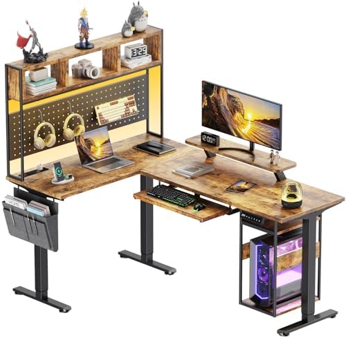 Flycity Electric L Shaped Standing Desk Adjustable Height, 67" x 47" Corner Computer Desk with Host Shelf, Gaming Desk with LED Lights & Power Outlet, Dual Motor Home Office Desk with Storage, Brown