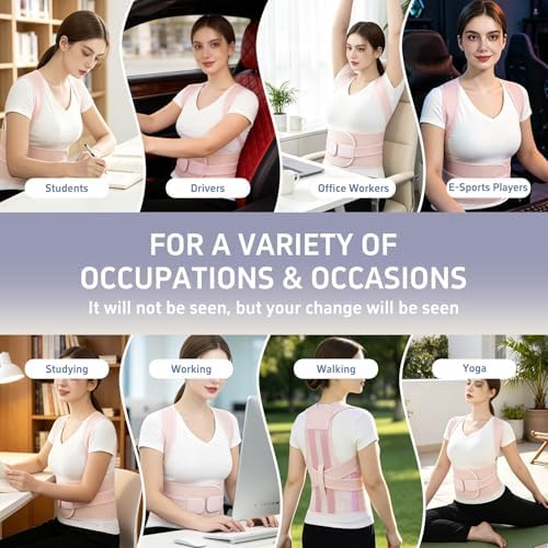 Posture Corrector for Women and Men, Full Back Brace for Posture Support, Adjustable Upper Back Brace with Waist Belt, Shoulder Straightener for Hunchback, Back Support for Work, Home, Office Pink, XX-Large