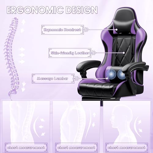Shahoo Gaming Chair with Footrest and Massage Lumbar Support, Ergonomic Office Computer Seat Height Adjustable with Headrest, Purple