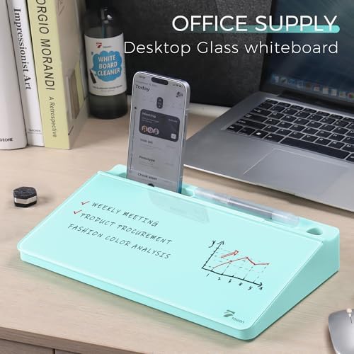 TOWON Compact Glass Desktop Whiteboard with Storage 12x7 in, Teal Blue