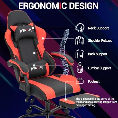 Gaming Chair with Footrest for Adults, PU Leather Massage Racing Video Game Chair w/Lumbar Support for Men Women, Ergonomic Computer Gamer Chair for Home Office, Height Adjustable, Red