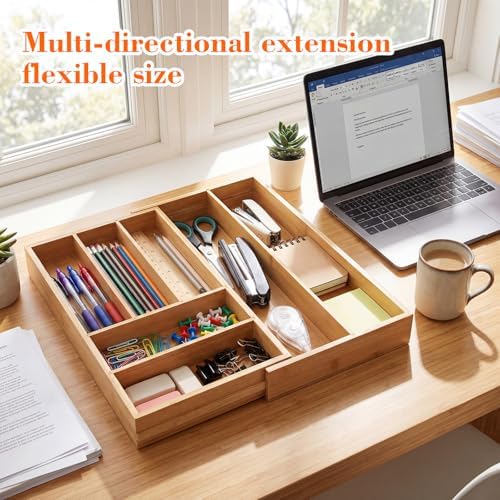 Briwooody Bamboo Sliding Desk Drawer Organizer 9.4'' up to 18'' x 15'' x 2'' Expandable Office Desk Accessories Supplies Tray with 7 Compartments for Pens, Notebooks, Rulers, and Makeup Jewelry Vanity