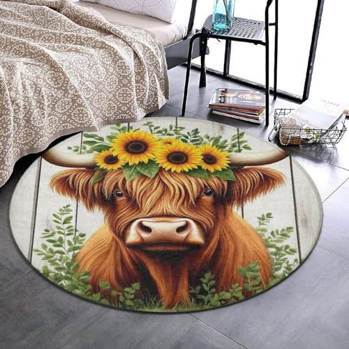 Fashion Round Area Rug Large Non Slip Carpet Unisex Home Decor Mat Wooden Sunflower Highland Cow