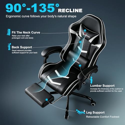 Gaming Chair for Adults with Pocket Spring Cushion Footrest White and Black