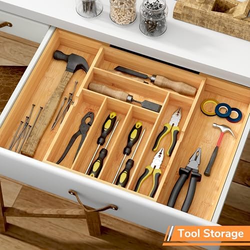 BAMEOS 3" Deepth Expandable Drawer Organizer, Deep Flatware Organizer, Adjustable Silverware Organizer, Bamboo Drawer Organizer for Kitchen, Bathroom (Natural)