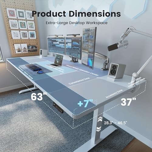 FEZIBO 63 x 37 Inch Large Electric Standing Desk 1" Thick Desktop, White