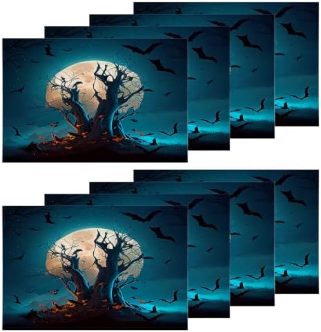 Shrahala Halloween Dark Forest Set of 8 12 X 18 Inch Linen Placemats, Spooky Bats Dark Night Burlap Table Mat Washable Double Layered Heat Insulation for Indoor