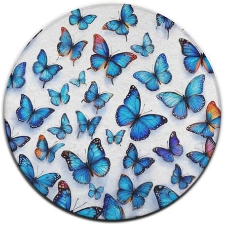 Soft Round Yoga Carpet, Large Home Decor Mat, Non Slip Machine Washable Kitchen Office Circle Rug Blue Butterfly Art