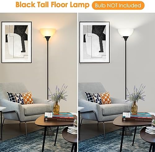 Coucrek Floor Lamp, LED Standing Lamps with White Plastic Shade, Black Modern Torchiere Floor Lamp, Tall Lamps for Living Room Dorm, Bulb not Included