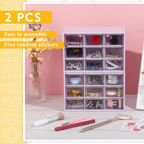 Wenqik 2 Pcs Mini Storage Drawers with 9 Clear Drawers, Purple