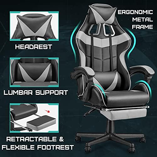 Huracan Gaming Chair with Footrest, Ergonomic Computer Chair Lumbar Support, Adjustable High Back Recliner for Adults, Racing Style Video Gaming Chairs, for Home Office Streaming, Grey