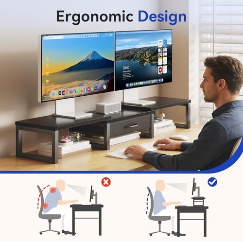 Dual Monitor Stand Riser, Desk Organizers and Accessories with Drawer, Computer Monitor Stands for Desk, Adjustable Desktop Shelf for PC Laptop Printer TV, Black