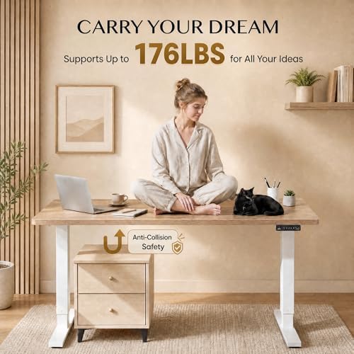 Grandder 55x32 Large Electric Standing Desk, Height Adjustable Computer Desk with 2 Memory Presets, 31.5" Deep Desktop Sit Stand Desk Home Office Desk Workstation Table with Hooks, Light Walnut