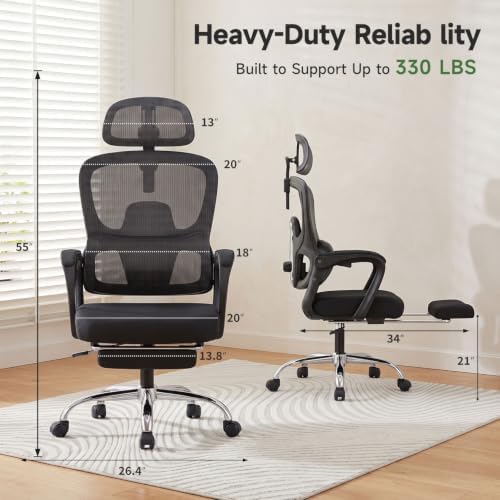 Ergonomic Office Chair with Footrest, 90-145° Reclining Desk Chair