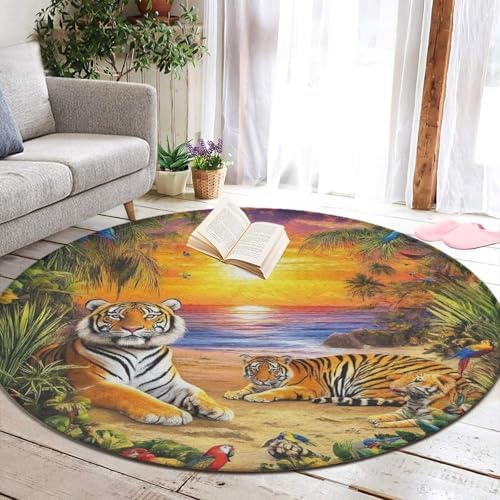 Machine Washable Modern Round Area Rug, Room Sofa Yoga Soft Round Carpet, Home Decor Non Slip Kitchen Office Circle Rug Tropical Tiger Animal World King Art, 36inch