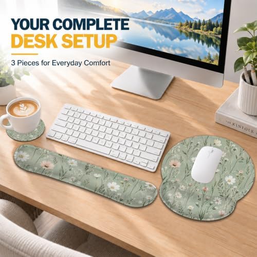 Green Wildflowers Ergonomic Wrist Rest Mouse Pad Set with Keyboard Cushion