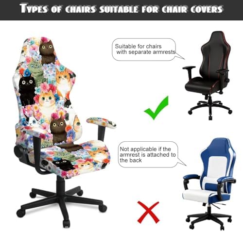 Cats Floral Print Gaming Chair Cover Stretchable 4 Piece Furniture Protector Non Slip Breathable Gaming Chair Slipcover with Armrest Covers