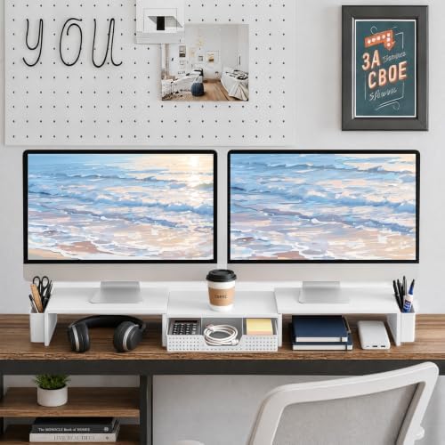 LEKETREE Dual Monitor Stand Riser with Drawer and 2 Pen Holders, White