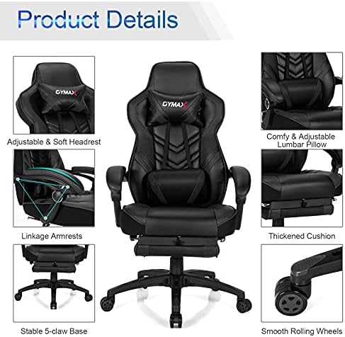 GYMAX Gaming Chair, Ergonomic Computer Chair with Footrest, Linkage Armrests & Lumbar Cushion, Big Wide High Back Video Gaming Chair, Reclining Office Rolling Chair for Adult/Teens (Black)