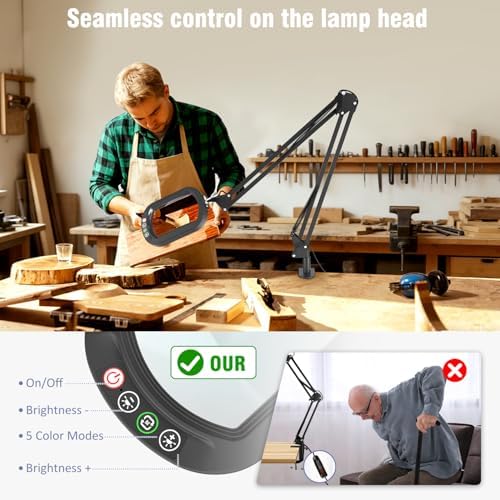 16" Extra Long Magnifying Glass with Light and Clamp, Real Glass, 5 Color Modes, Stepless Dimmable, Lighted Magnifier with Stand Hands Free, LED Swing Arm Desk Lamp for Close Work, Craft, Black