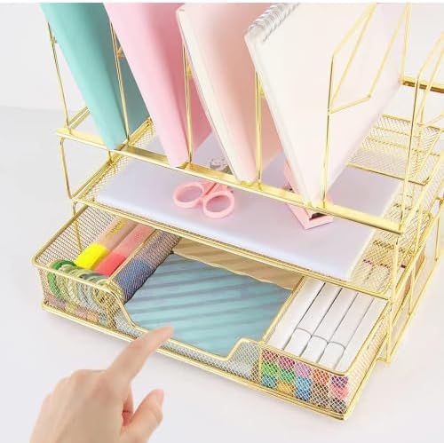 Desk Organizers and Accessories, 2-Tier Desk Organizer with Drawer, Gold