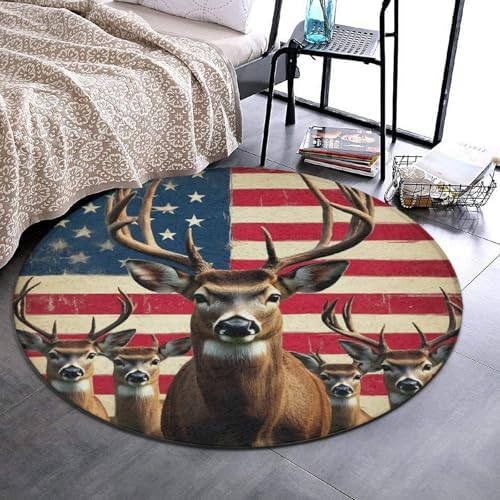 Men's Large Home Decor Mat, Soft Round Yoga Carpet, Non Slip Machine Washable Home Office Circle Rug American Flag Deers