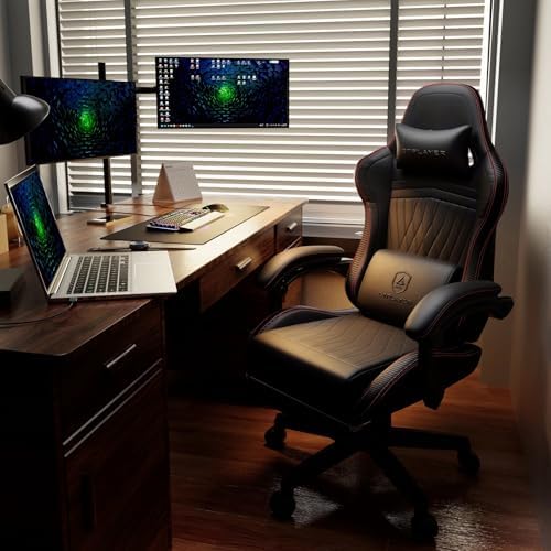 GTPLAYER ACE-PRO Music Gaming Chairs – Built-in Speakers, App Support & Bluetooth Control, Computer Game Chairs with Footrest for Adults, Ergonomic, Reclining, Linkage Armrest, Black & Red Stitch