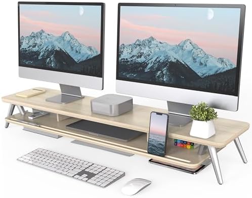 Fenge Dual Monitor Stand Riser, Wooden Desk Shelf with 2-Tier Storage