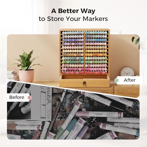 Marker Organizer, Bamboo Storage Rack With Drawer for Hold 216 Markers