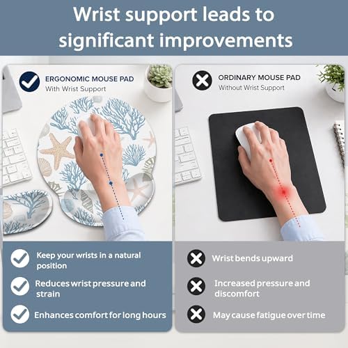 Starfish Wrist Rest Support for Mouse Pad Keyboard Set, Coral Shells Mouse Pad with Non Slip Rubber Base for Home and Office Typing Support