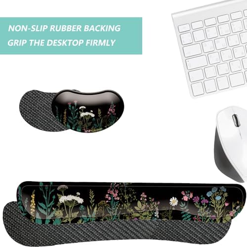 Keyboard Wrist Rest Mouse Wrist Support Set, Memory Foam Wrist Rest Pad for Computer Laptop Keyboard Mouse, Ergonomic Wrist Cushion Support for Typing Pain Relief, Gaming Home Office, Flowers Grass
