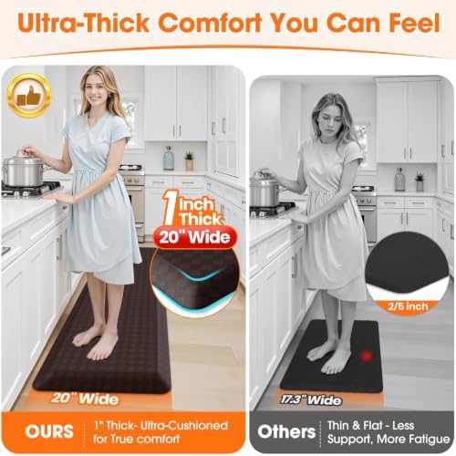 1" Thick Kitchen Mats for Floor, Water Resistant,Chocolate/72 x 20"