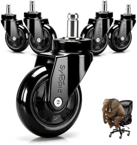 Office Chair Wheels Replacement 3 Inch, Heavy Duty PU Caster Wheels for Hardwood Floor & Carpet, Smooth Quiet Rolling, Hair-Proof, Universal 11mm Stem Fit Most Chairs, Not for 1KEA, Set of 5 (Black)